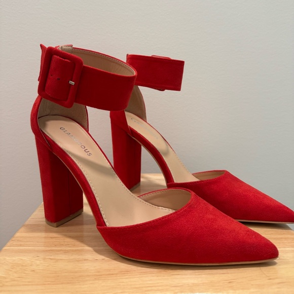 Glamorous Red Suede Block Heels - Picture 1 of 5